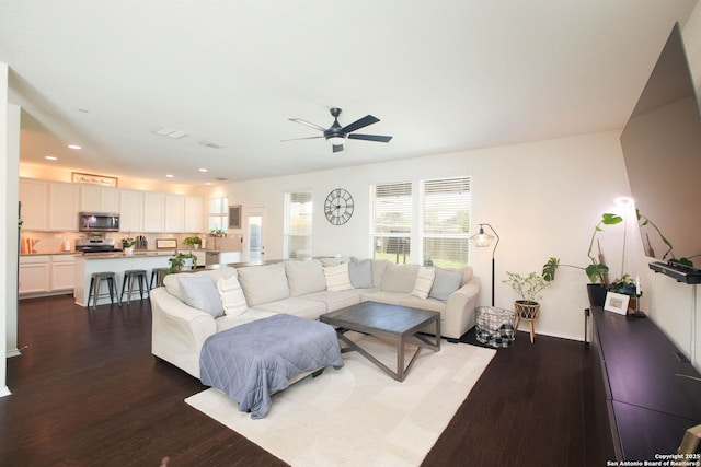 7611 Ponderosa Pne, Boerne, TX 78015 - living room featuring recessed lighting, wood finished floors, visible vents, and a ceiling fan