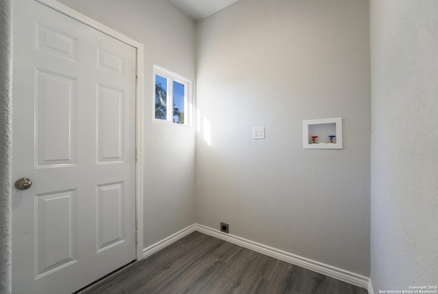 clothes washing area featuring laundry area, hookup for a washing machine, baseboards, and dark wood-style flooring