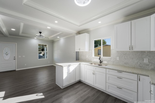 kitchen featuring dark wood-type flooring, a tray ceiling, a peninsula, white cabinets, and a sink