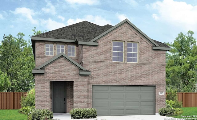 view of front of property with brick siding, an attached garage, driveway, and fence