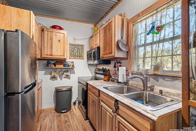 kitchen featuring light wood finished floors, stainless steel appliances, light countertops, and a sink