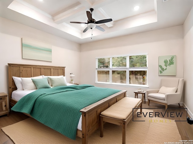 bedroom featuring baseboards, recessed lighting, wood finished floors, coffered ceiling, and a ceiling fan