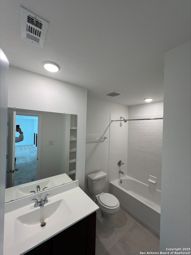 full bathroom featuring shower / bathing tub combination, visible vents, toilet, and vanity