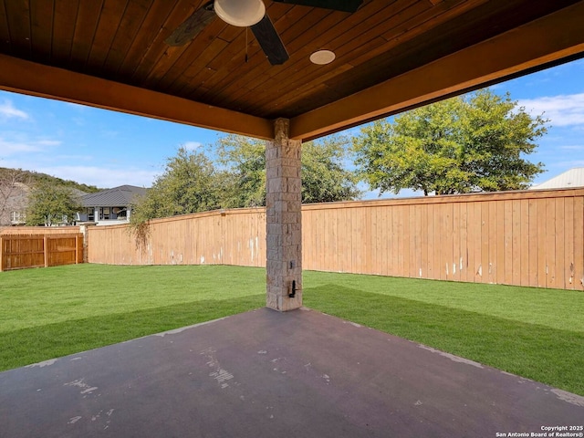 view of patio featuring a fenced backyard and a ceiling fan