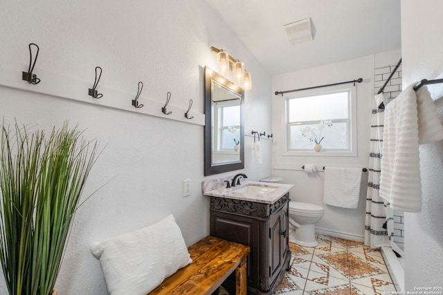 bathroom with tile patterned flooring, visible vents, toilet, a shower with curtain, and vanity