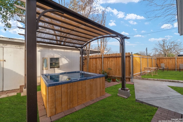 view of yard with a patio, a hot tub, a pergola, and fence