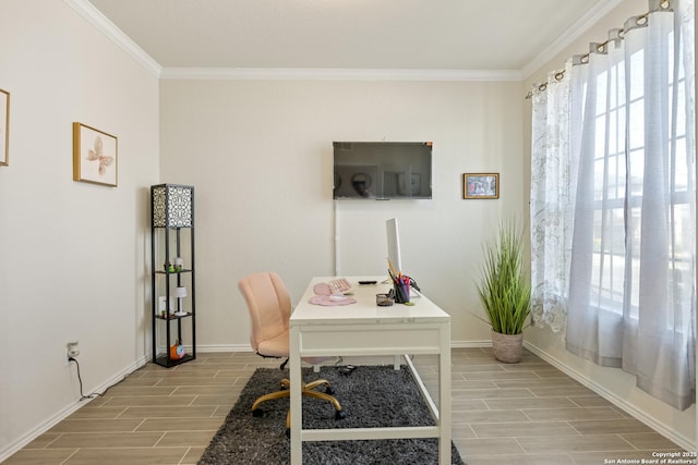 office space featuring baseboards, wood tiled floor, and crown molding