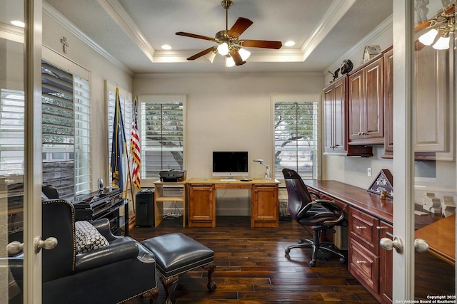 office with plenty of natural light, a raised ceiling, and a ceiling fan