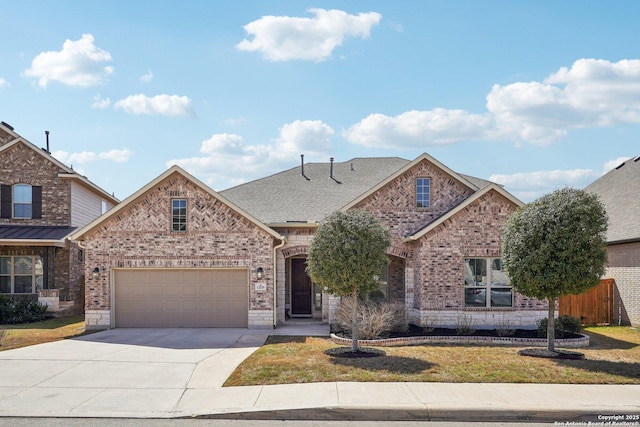 12519 Upton Park, San Antonio, TX 78253 - view of front of property with a front yard, a garage, brick siding, and driveway