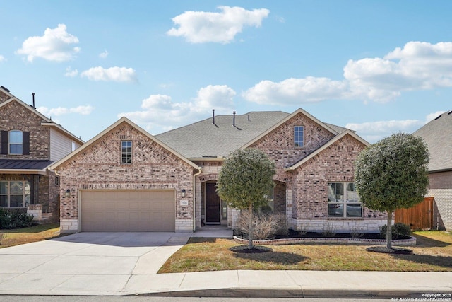 view of front of property with a front yard, a garage, brick siding, and driveway