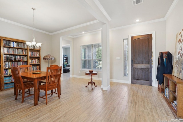 12519 Upton Park, San Antonio, TX 78253 - dining room with visible vents, crown molding, baseboards, light wood-type flooring, and a notable chandelier