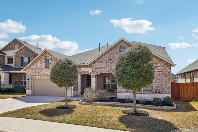 view of front of house with brick siding, a front lawn, concrete driveway, and a garage