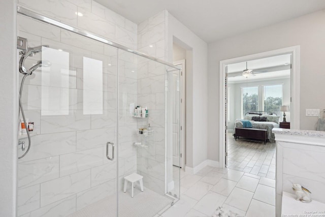 12519 Upton Park, San Antonio, TX 78253 - ensuite bathroom with connected bathroom, baseboards, a stall shower, marble finish floor, and a ceiling fan