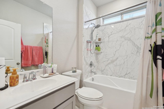 12519 Upton Park, San Antonio, TX 78253 - full bathroom featuring shower / bathtub combination with curtain, toilet, vanity, and a textured wall