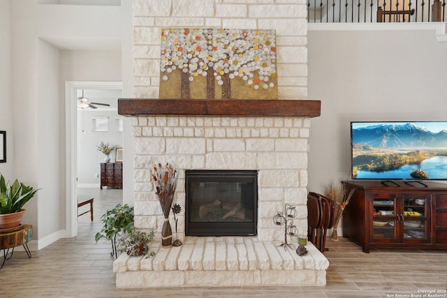 12519 Upton Park, San Antonio, TX 78253 - room details with a fireplace, wood finished floors, baseboards, and ceiling fan
