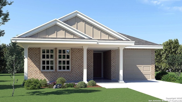 view of front of property with brick siding, board and batten siding, an attached garage, and a front lawn