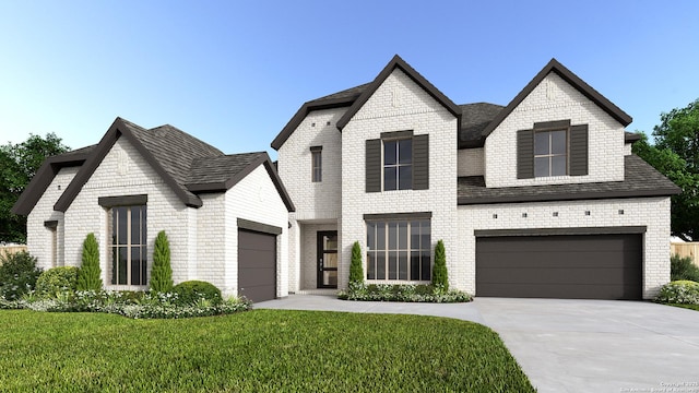 french country home with brick siding, concrete driveway, and a front yard