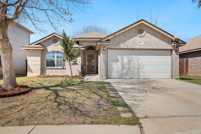 single story home featuring concrete driveway, an attached garage, and a front yard