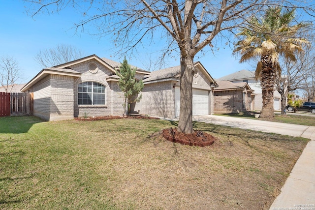 ranch-style home with brick siding, fence, concrete driveway, a front yard, and a garage