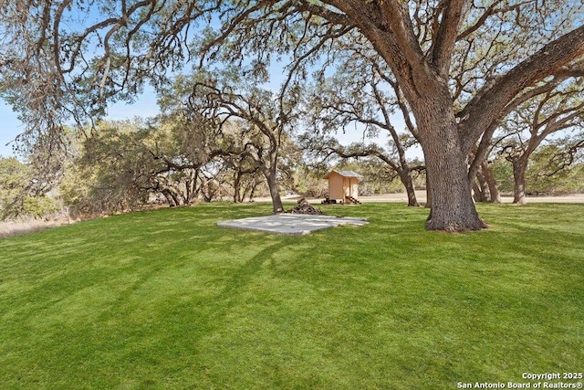 view of yard featuring an outbuilding and a shed