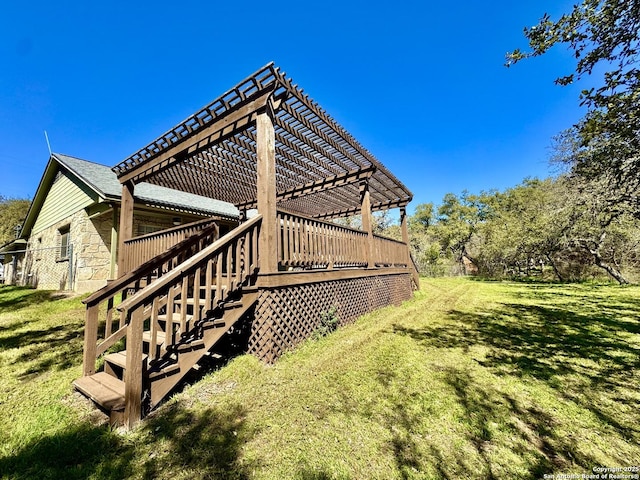 exterior space featuring stairway, a yard, a pergola, and stone siding