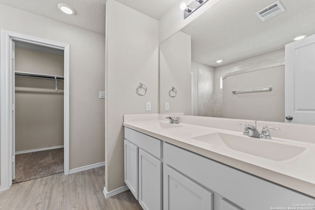 bathroom with double vanity, visible vents, a walk in closet, and a sink