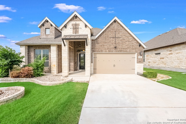 605 Albarella, Cibolo, TX 78108 - view of front of house featuring concrete driveway, a front lawn, stone siding, a shingled roof, and brick siding
