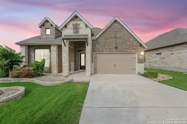 605 Albarella, Cibolo, TX 78108 - french provincial home with driveway, a yard, a garage, and stone siding