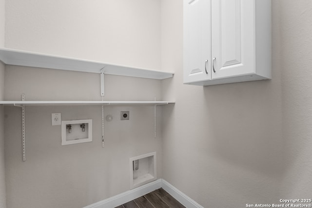 605 Albarella, Cibolo, TX 78108 - washroom with cabinet space, electric dryer hookup, baseboards, dark wood-type flooring, and gas dryer hookup