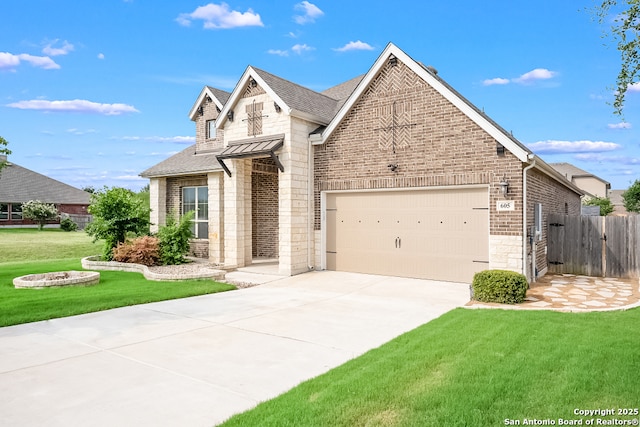 605 Albarella, Cibolo, TX 78108 - view of front of property with stone siding, driveway, brick siding, a shingled roof, and a garage