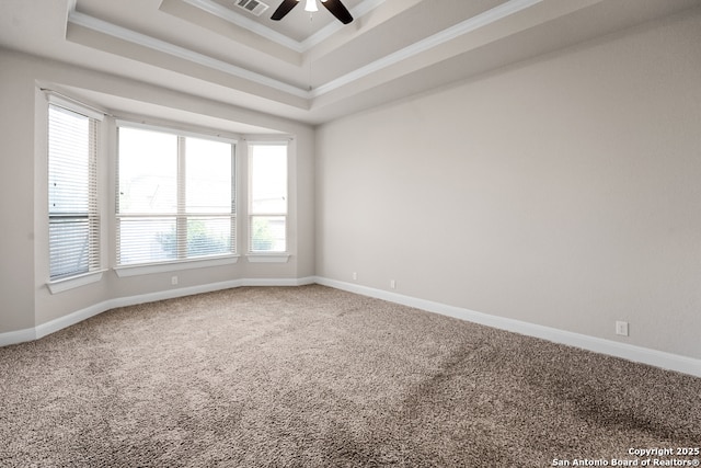 605 Albarella, Cibolo, TX 78108 - spare room with crown molding, a raised ceiling, carpet, ceiling fan, and baseboards