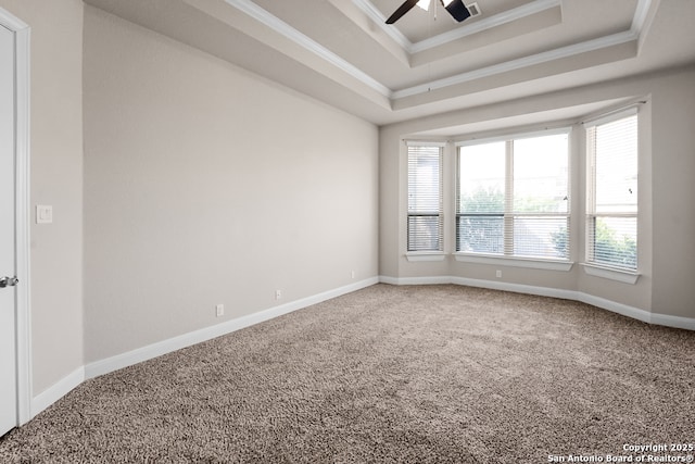 605 Albarella, Cibolo, TX 78108 - unfurnished room with ornamental molding, a raised ceiling, carpet floors, a ceiling fan, and baseboards