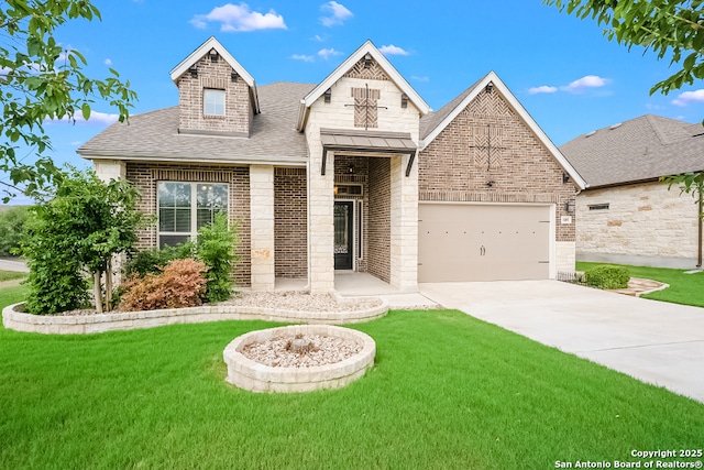 605 Albarella, Cibolo, TX 78108 - view of front facade with a shingled roof, a front yard, driveway, brick siding, and a garage