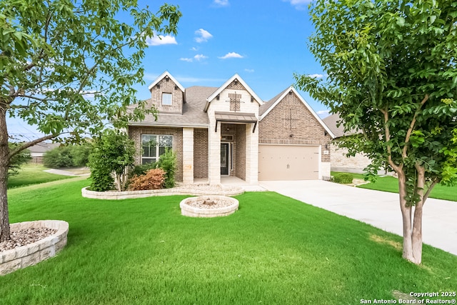 605 Albarella, Cibolo, TX 78108 - view of front of house with concrete driveway, brick siding, a front yard, roof with shingles, and an attached garage