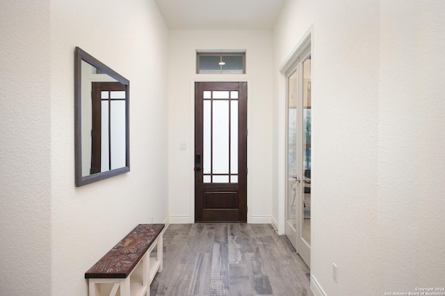 foyer with baseboards and wood finished floors