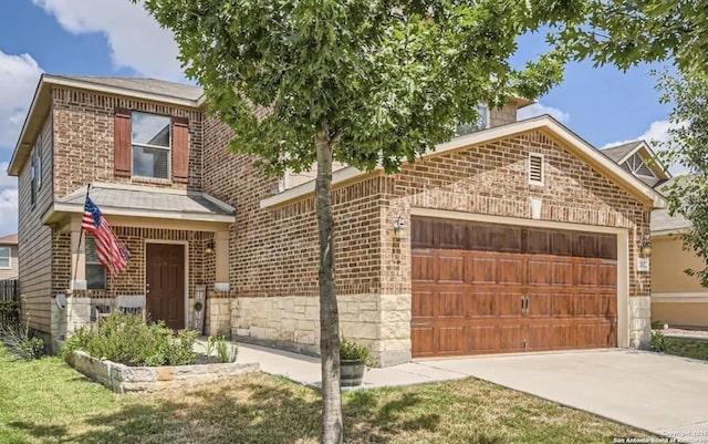 view of front facade featuring stone siding, brick siding, concrete driveway, and an attached garage