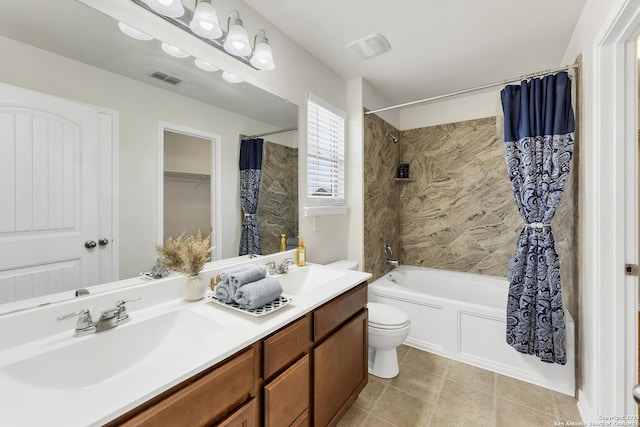 full bath with double vanity, visible vents, shower / bath combo with shower curtain, and a sink