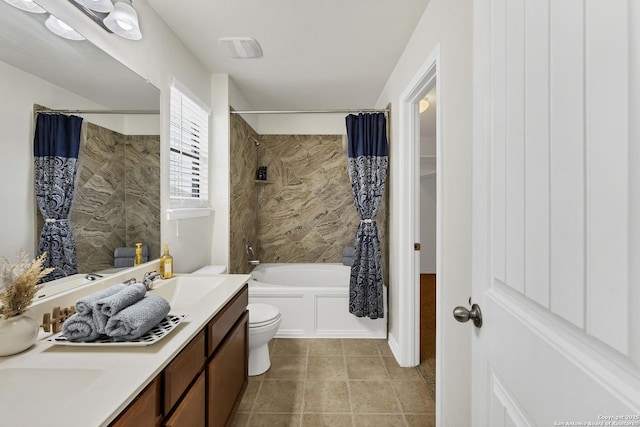 full bath with visible vents, toilet, shower / tub combo with curtain, tile patterned floors, and vanity