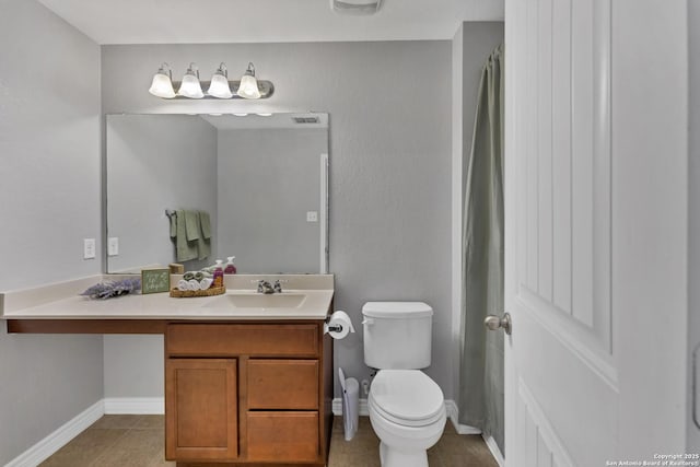 full bathroom with tile patterned flooring, visible vents, baseboards, toilet, and vanity