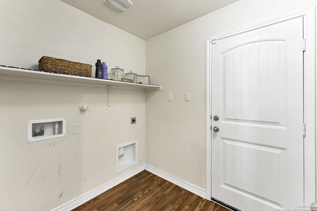 laundry area featuring baseboards, hookup for an electric dryer, laundry area, washer hookup, and dark wood-type flooring