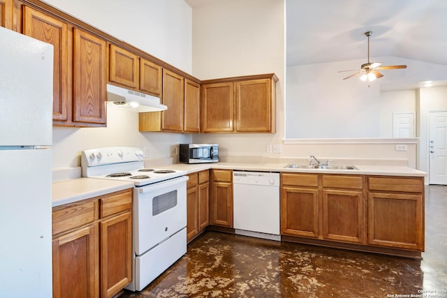 kitchen with under cabinet range hood, a sink, white appliances, concrete floors, and lofted ceiling