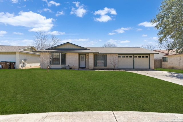 ranch-style house featuring a front lawn, an attached garage, brick siding, and concrete driveway