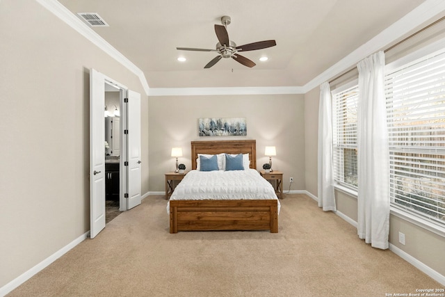 bedroom featuring visible vents, baseboards, ornamental molding, light carpet, and recessed lighting