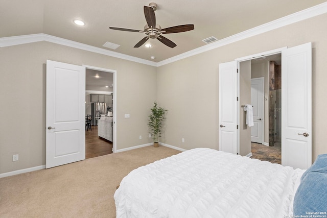 carpeted bedroom featuring visible vents, recessed lighting, crown molding, and baseboards