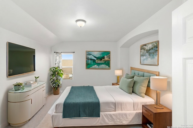 bedroom with lofted ceiling and carpet