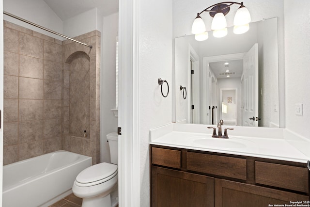 full bath with visible vents, toilet, shower / washtub combination, and vanity