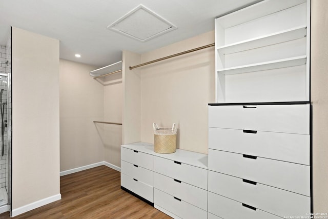 walk in closet featuring attic access and light wood-type flooring