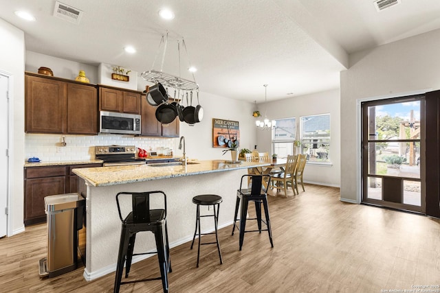 kitchen with visible vents, light wood-style flooring, a sink, appliances with stainless steel finishes, and decorative backsplash