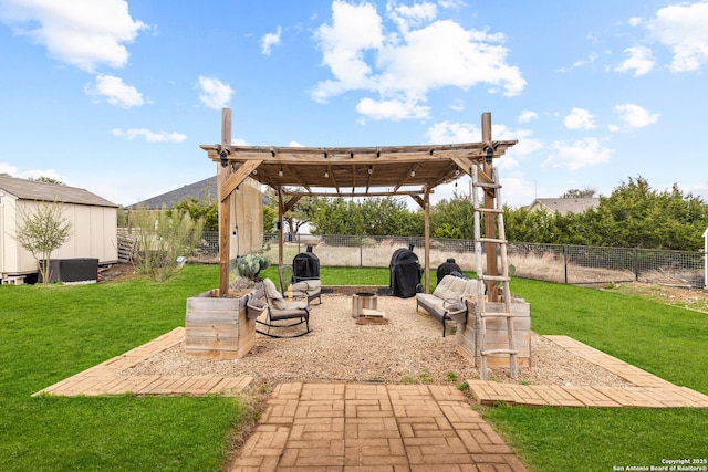 view of patio / terrace featuring an outbuilding, a fenced backyard, a pergola, and a shed