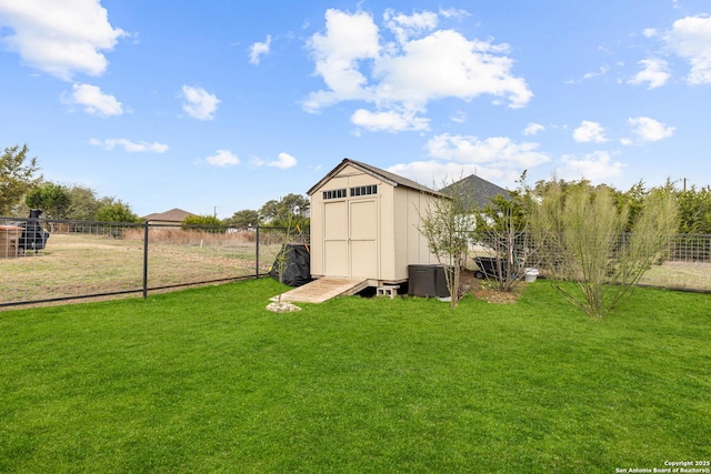 view of shed with central AC and a fenced backyard